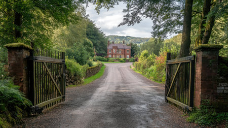House in the countryside with long driveway flanked by trees and wooden gateの素材
