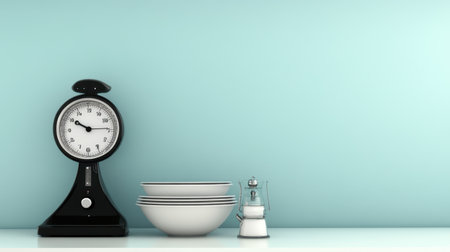 Minimalist black kitchen scale, digital thermometer, and timer, placed on a soft blue backgroundの素材