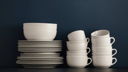 Minimalist white ceramic kitchenware with matching bowls, plates, and cups, placed on a solid navy blue backgroundの素材