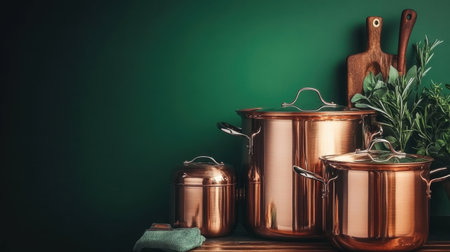 Modern copper cookware set, including pots and pans with handles, against a contrasting dark green backgroundの素材