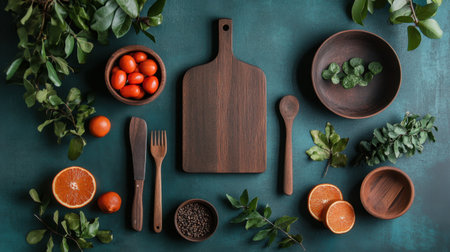 Modern and stylish kitchen essentials like cutting boards, bowls, and utensils, placed on a deep blue backgroundの素材