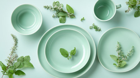 Modern ceramic dinnerware with minimalist design, including plates, bowls, and cups, on a light green backgroundの素材