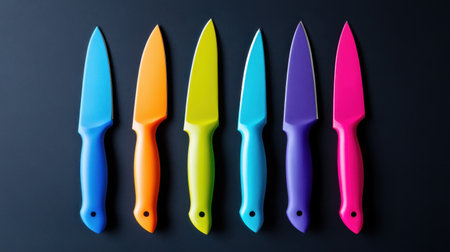 Set of high-quality ceramic kitchen knives in vibrant colors, arranged neatly on a solid black backgroundの素材