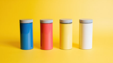 Set of colorful kitchen canisters with airtight seals, placed neatly on a bright yellow backgroundの素材