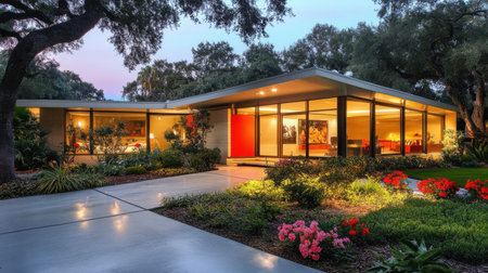 Modern flat roof house with a sleek, all-glass exterior and polished concrete flooringの素材