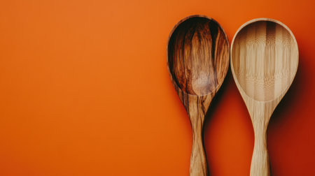 Set of eco-friendly wooden kitchen tools, such as spoons and spatulas, on a vibrant orange backgroundの素材