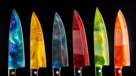 Set of high-quality ceramic kitchen knives in vibrant colors, arranged neatly on a solid black backgroundの素材