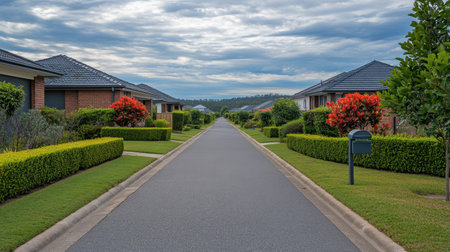 Quiet suburban cul-de-sac with neatly spaced single story homes and trimmed hedgesの素材
