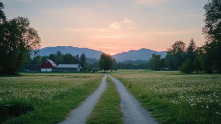 Peaceful farmhouse with weathered wood, barn next door, and distant mountainsの素材