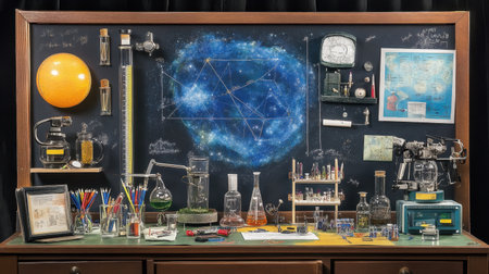 Science fair display board with charts, photos, experiment results, and labeled sectionsの素材