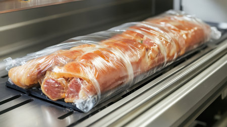 Robotic packaging system wrapping pre-cooked meals in film for retail display.の素材