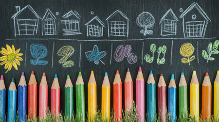 Neatly written school schedule on a chalkboard with colored chalk and motivational doodlesの素材