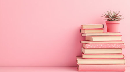Study shelf with stacked textbooks, plant pots, and inspirational desk decor in a minimal setupの素材