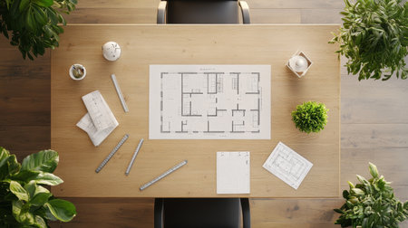A modern house floor plan laid out on a wooden architects desk with measuring tools, pencils, and a ruler arranged neatly around itの素材