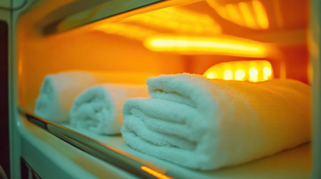 Warm towel warmer cabinet open with neatly folded hot towels ready for use, glowing softly in spa roomの素材