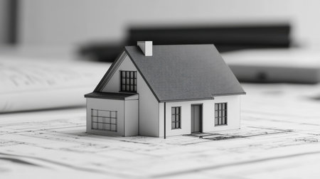 Blueprint scene with monochrome house layout and CAD software sketches in backgroundの素材