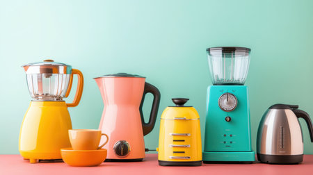 Collection of vibrant, modern kitchen appliances, including a blender, toaster, and coffee maker, on a pastel-colored backdropの素材