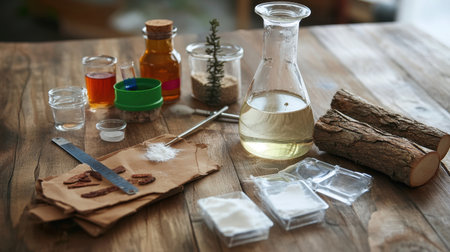 Table filled with science experiment supplies vinegar, baking soda, measuring cups, and logsの素材