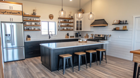 Contemporary kitchen with black and white color scheme, open shelving, and stylish lightingの素材