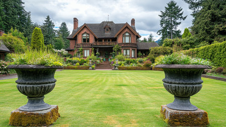 English-style home with manicured lawn and formal garden beds with symmetryの素材