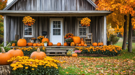 Autumn garden in front of a rustic home, with pumpkins, mums, and golden leavesの素材