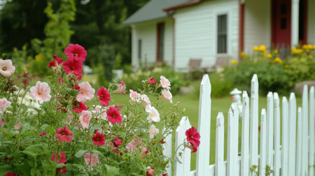 Colonial-style home with white garden fence and traditional flower arrangementsの素材
