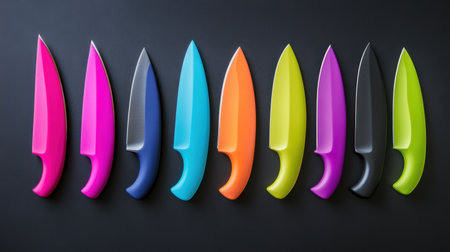 Set of high-quality ceramic kitchen knives in vibrant colors, arranged neatly on a solid black backgroundの素材