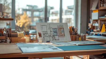 Studio desk with floor plan prints, architectural sketches, and mood board elements for a housing projectの素材