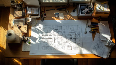Top view of desk with house plan blueprints, drafting scale, and measuring tape in natural lightの素材