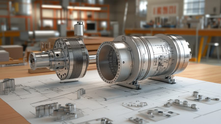 Advanced hydraulic system mockup with labeled parts and schematics spread on nearby worktableの素材