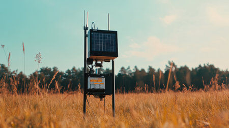 Air quality monitoring station with sensors, solar panel, and data logger placed in an open fieldの素材