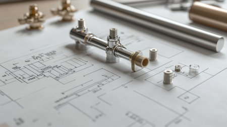 Advanced hydraulic system mockup with labeled parts and schematics spread on nearby worktableの素材