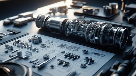 Advanced hydraulic system mockup with labeled parts and schematics spread on nearby worktableの素材