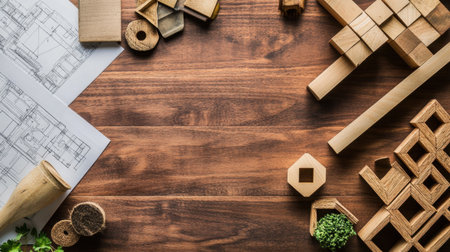 Architectural and structural plans laid out side by side on a large table, with detailed drawings of support beams and jointsの素材