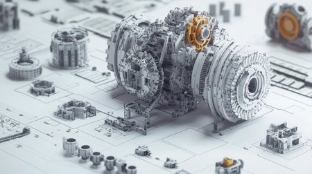 Assembly instructions with exploded diagrams and part numbers taped to production cellの素材