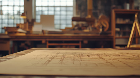 Architectural and structural plans laid out side by side on a large table, with detailed drawings of support beams and jointsの素材