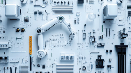 Assembly of robotic arm components with sensors, wires, and D schematics on a clean workbenchの素材