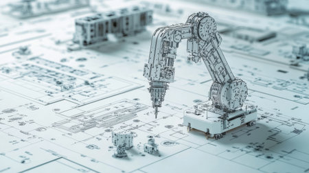 Assembly of robotic arm components with sensors, wires, and D schematics on a clean workbenchの素材