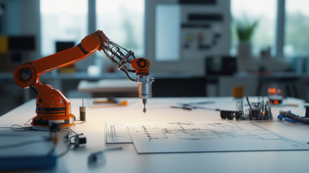 Assembly of robotic arm components with sensors, wires, and D schematics on a clean workbenchの素材