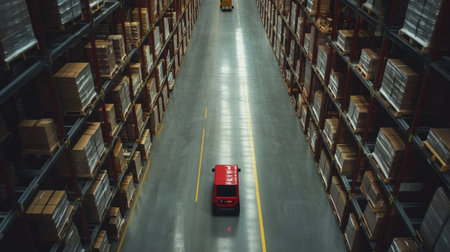Automated guided vehicle AGV transporting parts across warehouse floor with navigation system visibleの素材