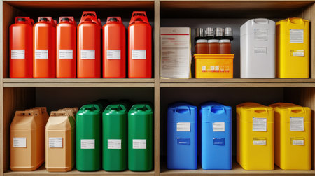Chemical storage cabinet organized by hazard class with spill kits and MSDS binder nearbyの素材
