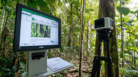 Biodiversity monitoring station with camera traps, species tracking forms, and GPS equipmentの素材