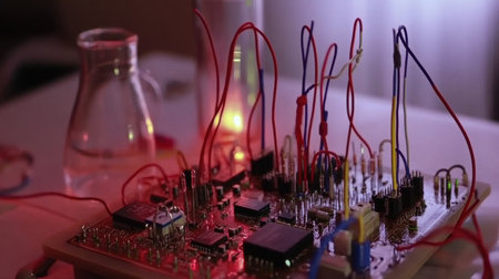 Close-up of a breadboard with microcontroller, jumper wires, and connected sensors in a lab environmentの素材