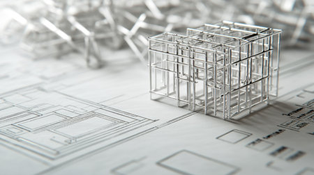 Close-up of structural framework in steel, partially assembled, with load-bearing specs and plans besideの素材