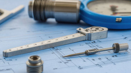 Close-up of thread pitch gauge, dial caliper, and thread-cut components on blueprint paperの素材