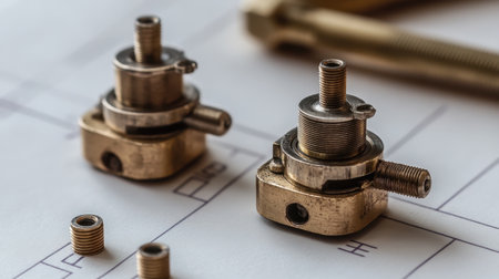 Close-up of thread pitch gauge, dial caliper, and thread-cut components on blueprint paperの素材