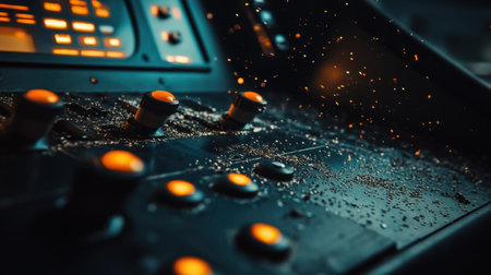 CNC machine in operation with metal shavings around the work area and control panel in the foregroundの素材