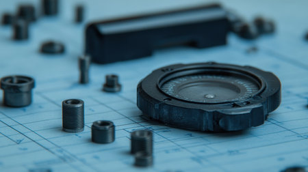 Close-up of thread pitch gauge, dial caliper, and thread-cut components on blueprint paperの素材