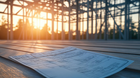 Close-up of structural framework in steel, partially assembled, with load-bearing specs and plans besideの素材