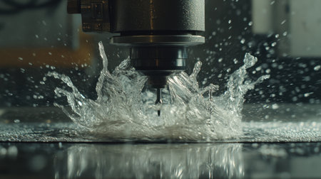 CNC lathe in motion cutting a precision component with coolant system and tool changerの素材